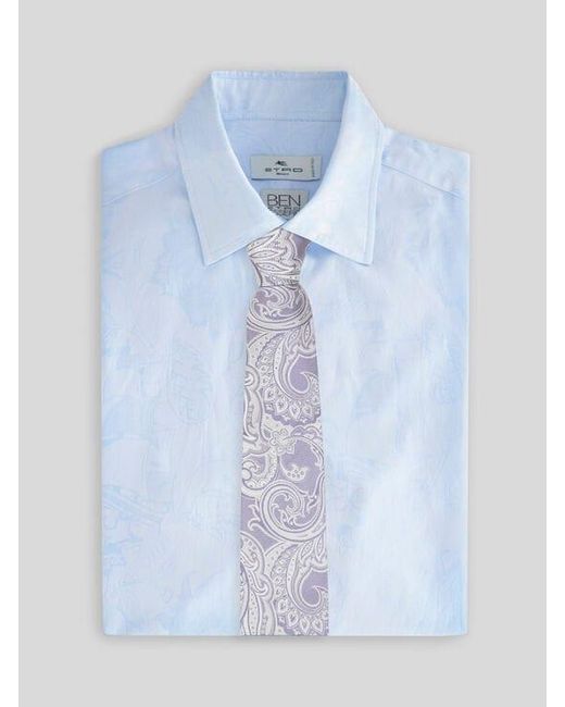 Etro White Striped Silk Jacquard Tie With Paisley Foliage Motif for men