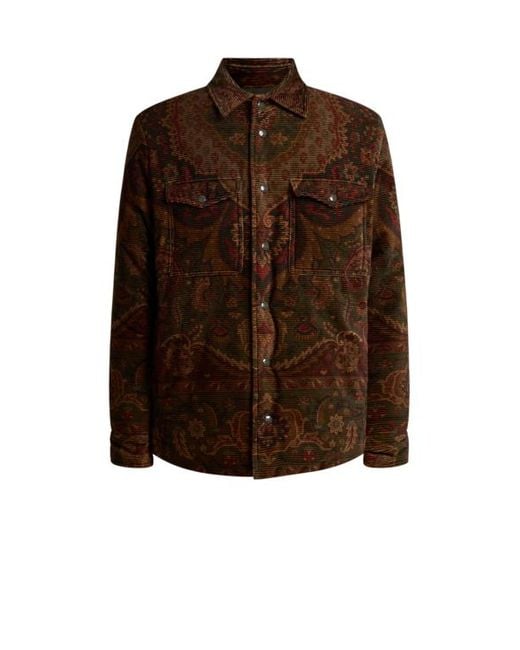 Etro Brown Padded Cotton Corduroy Shacket With Placed Floral Medallion Print for men