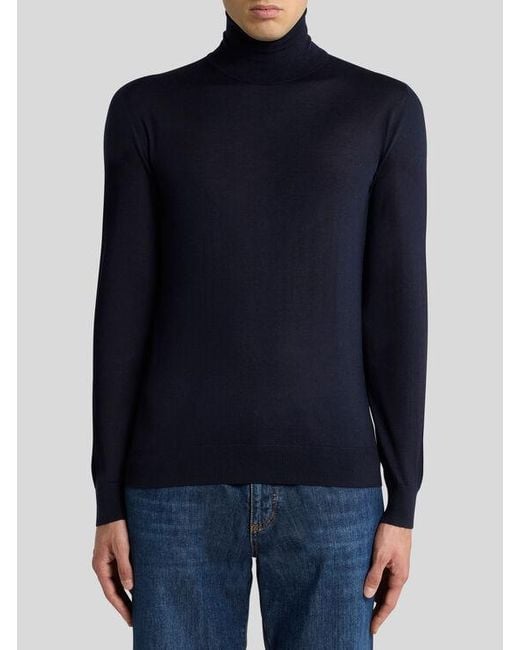 Etro Blue Cashmere And Silk Turtleneck Sweater for men