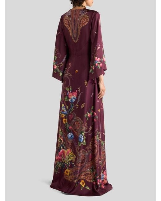Etro Red Long Silk Dress With Placed Floral Paisley Print