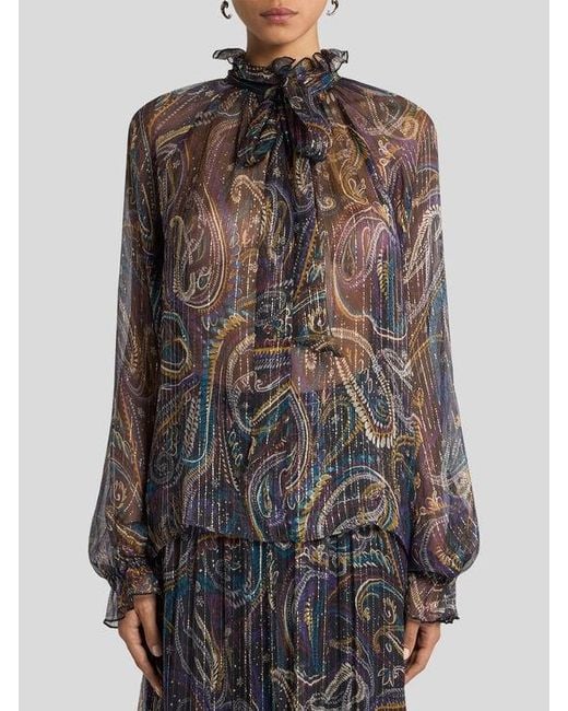 Etro Brown Silk Blouse With Paisley Foliage Motif