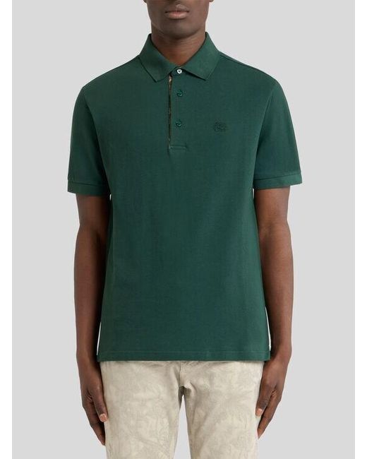 Etro Green Plain-Coloured Cotton Polo Shirt With Printed Details for men