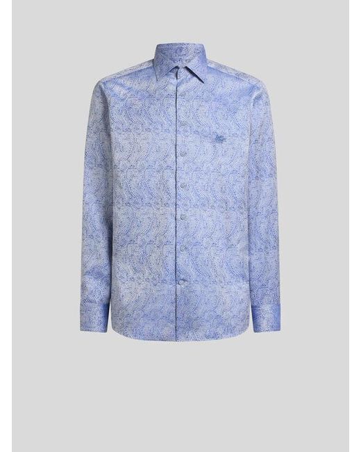 Etro Blue Cotton Jacquard Shirt With Paisley Motif And Pegaso Embroidery for men