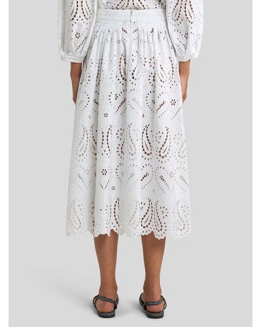 Etro White Broderie Anglaise Lace Midi Skirt With Paisleys And Hearts
