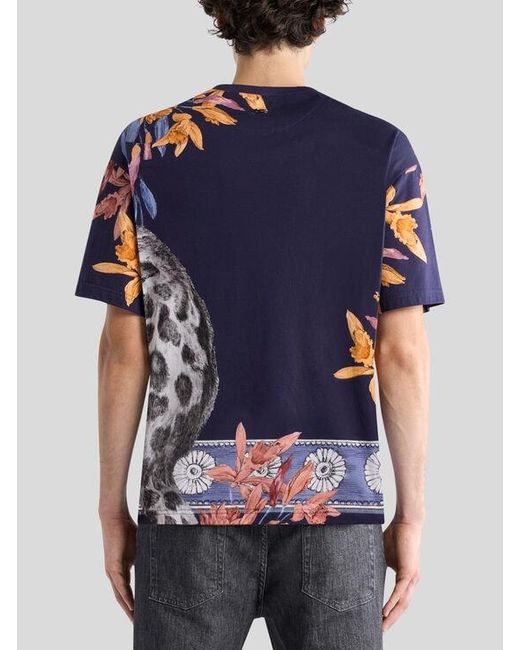 Etro Blue Cotton T-Shirt With Placed Print for men