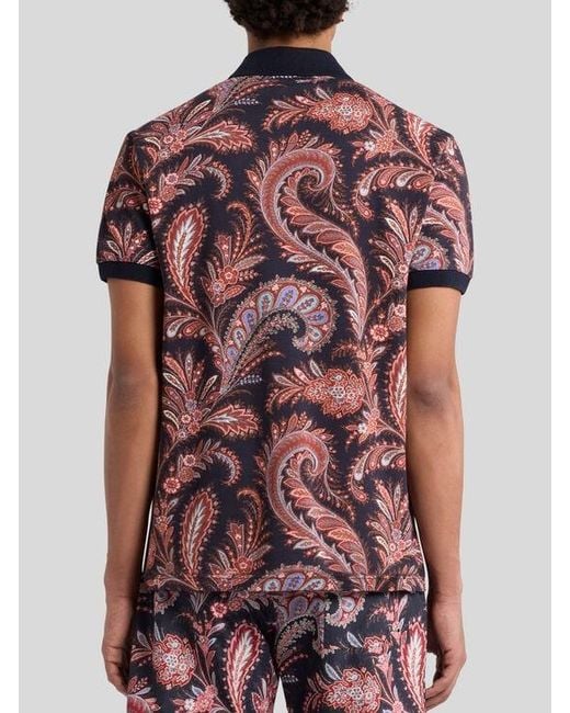 Etro Red Floral Paisley Cotton Polo Shirt for men
