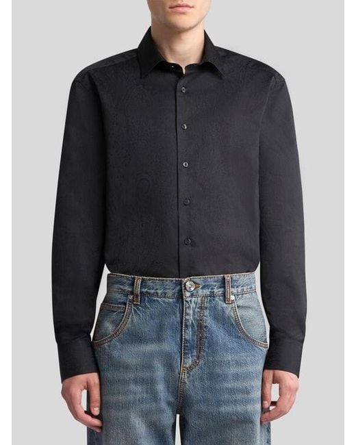 Etro Black Cotton Jacquard Shirt for men