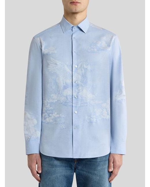 Etro Blue Cotton Shirt With Placed Pegaso Motif for men
