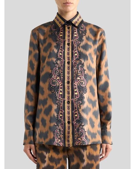 Etro Brown Silk Twill Shirt With Animal Motif