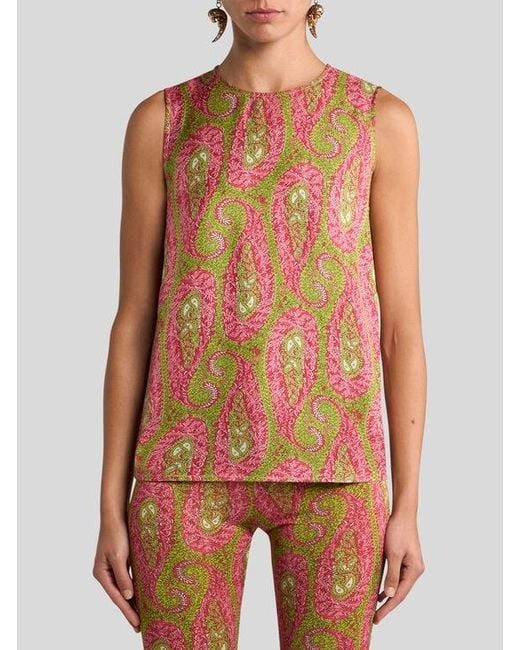 Etro Green Twill Top With Paisley Foliage Motif