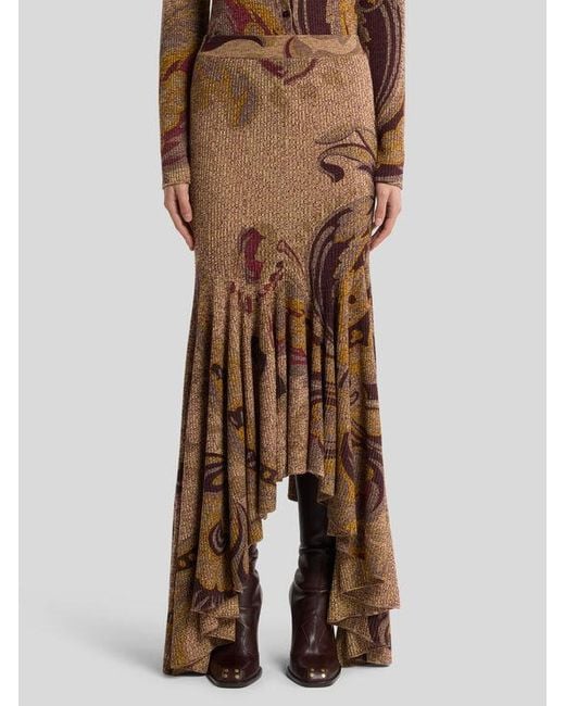Etro Brown Langer Rock Aus Wolle Im Rippstrick Mit Blumenmotiv, Damen, Größe