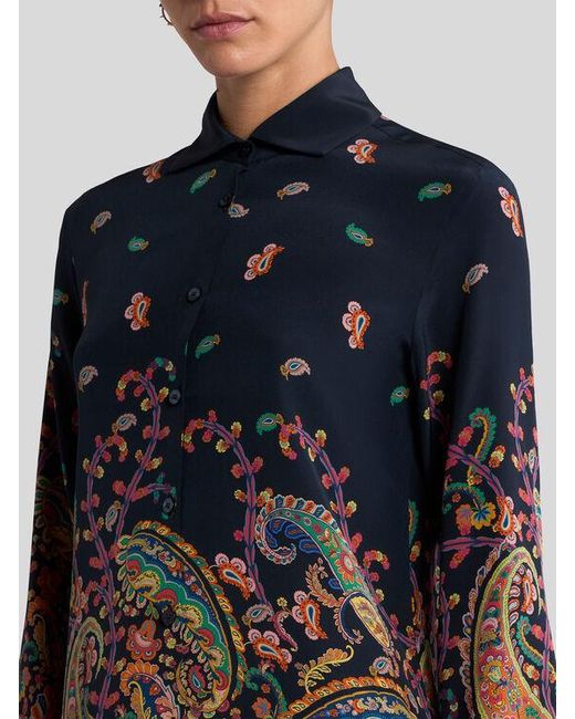 Etro Blue Silk Shirt With Placed Floral Paisley Print