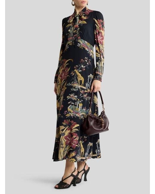 Etro Black Long Dress With Silk Scarf And Placed Flower And Animal Print