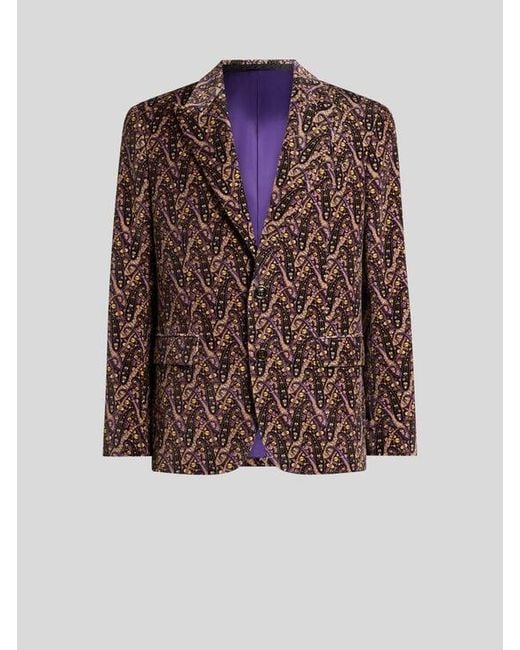 Etro Brown Single-Breasted Cotton Velvet Jacket With Floral Paisley Motif for men