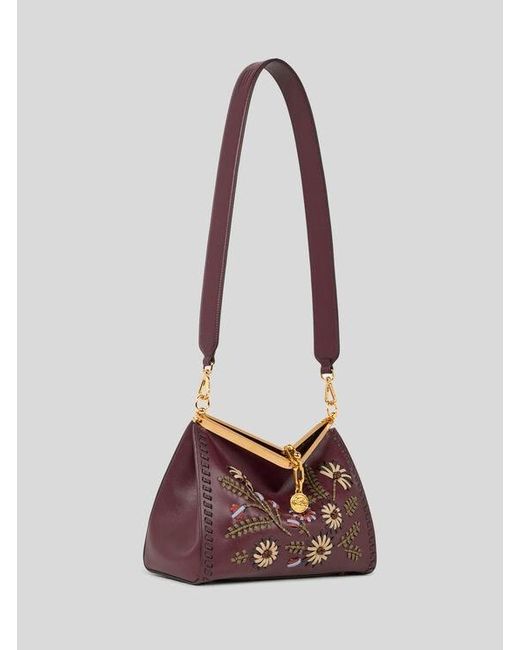 Etro Purple Medium Leather Vela Bag With Threading And Floral Motif