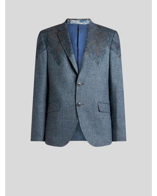 Etro Blue Single-Breasted Wool-Blend Jacket With Placed Paisley Pochette Print for men