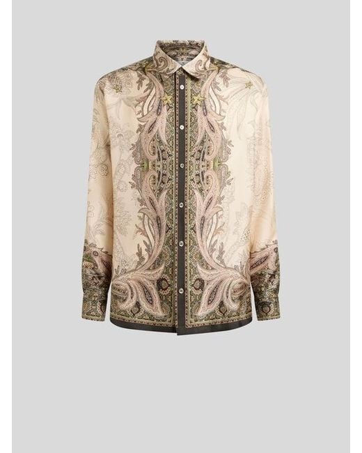 Etro Natural Silk Twill Shirt With Placed Pegaso Print for men