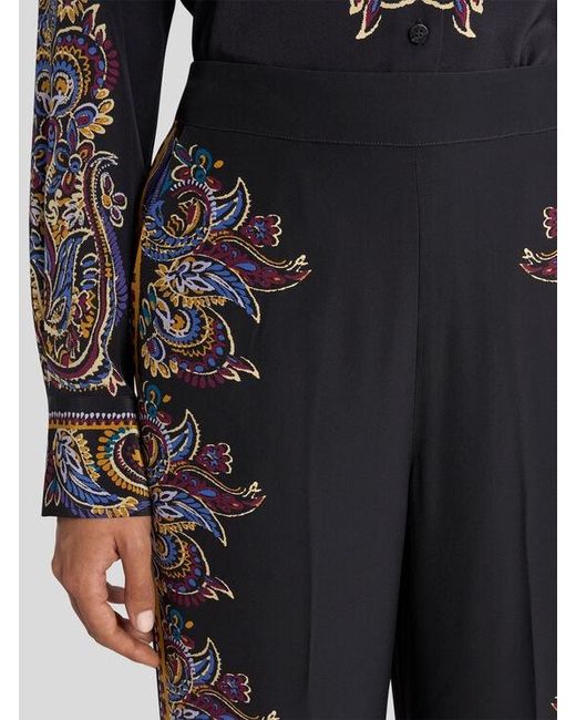 Etro Black Silk Palazzo Trousers With Placed Paisley Foliage Print