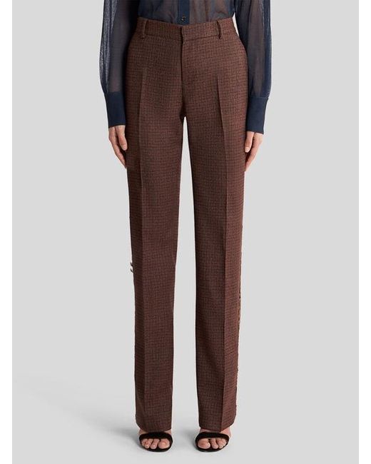 Etro Brown Straight-Leg Wool Trousers With Pheasant Feathers And Micro Houndstooth Motif