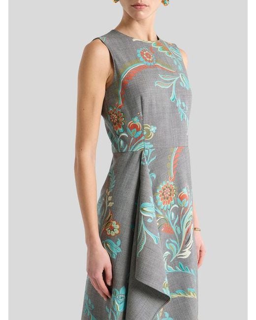 Etro Green Asymmetric Wool-Blend Midi Dress With Daffodil Print