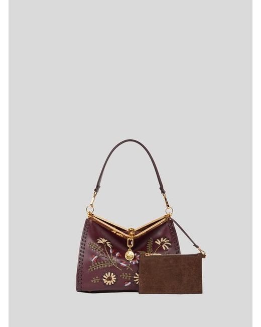 Etro Purple Medium Leather Vela Bag With Threading And Floral Motif