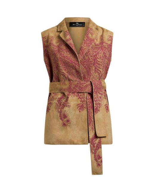 Etro Brown Suede Waistcoat With Placed Print