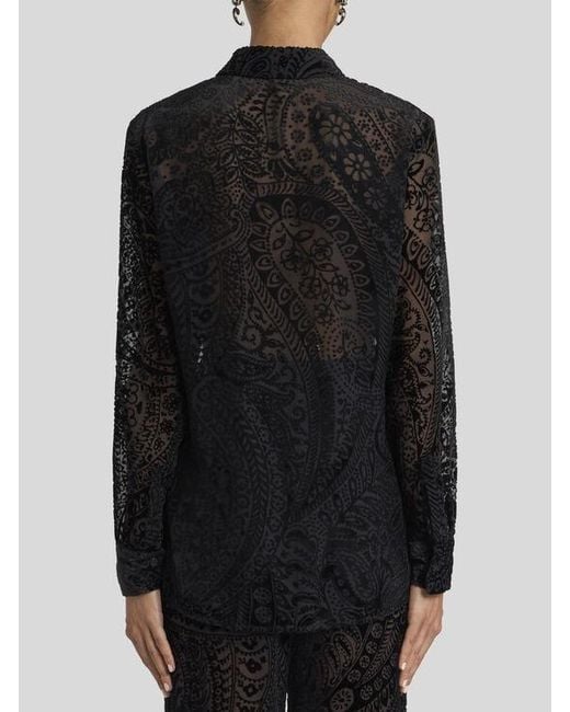 Etro Black Burnout Velvet Shirt With Floral Paisley Motif