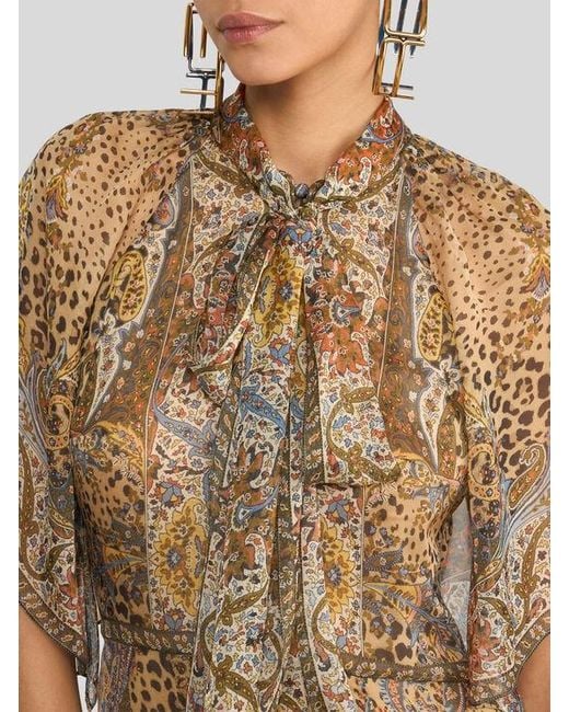 Etro Natural Long Silk Dress With Silk Scarf And Paisley And Animal Motif
