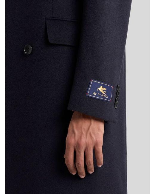 Etro Blue Double-Breasted Cashmere Coat for men
