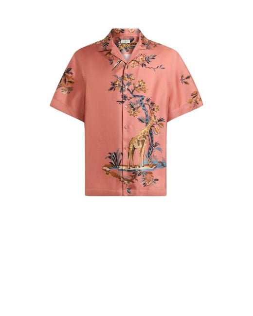 Etro Red Silk Bowling Shirt With Placed Flower And Animal Print for men
