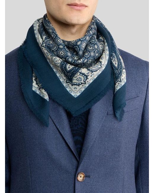 Etro Blue Wool Scarf With Tie Motif for men