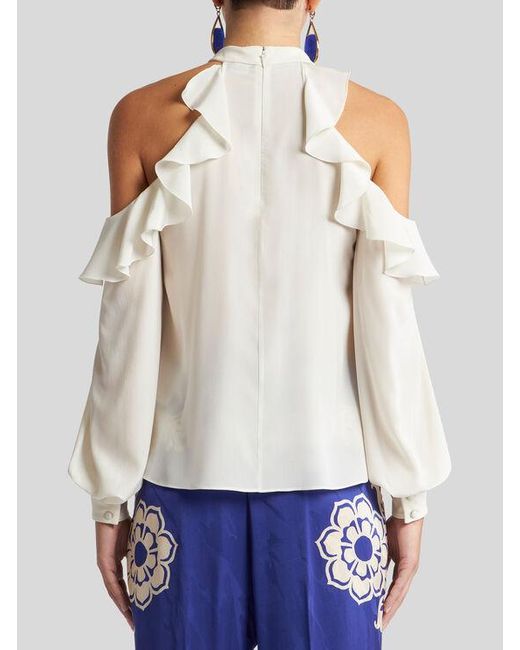 Etro White Silk Top With Open Shoulders And Ruffles