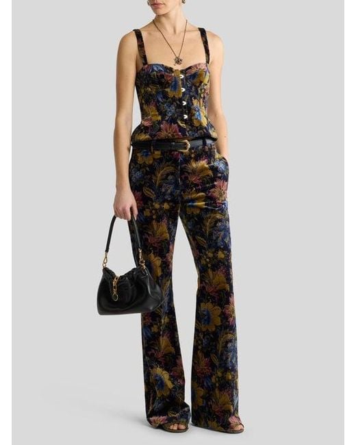 Etro Black Cotton Velvet Trousers With Floral Overprint