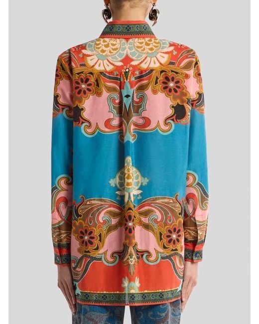 Etro Orange Long Cotton And Silk Shirt With Placed Print