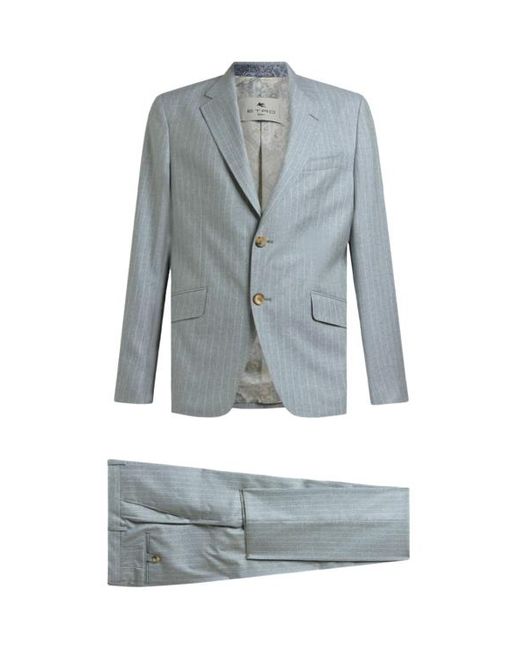 Etro Blue Single-Breasted Striped Wool And Cotton Suit for men