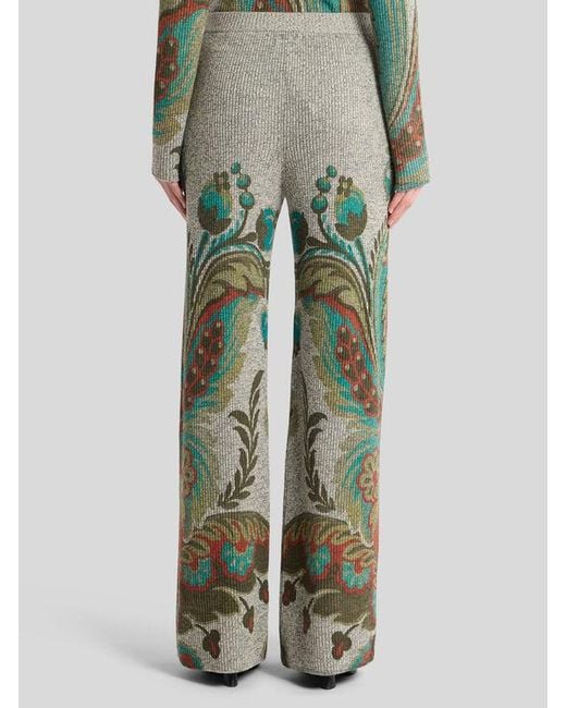 Etro Green Ribbed Wool Trousers With Daffodil Print