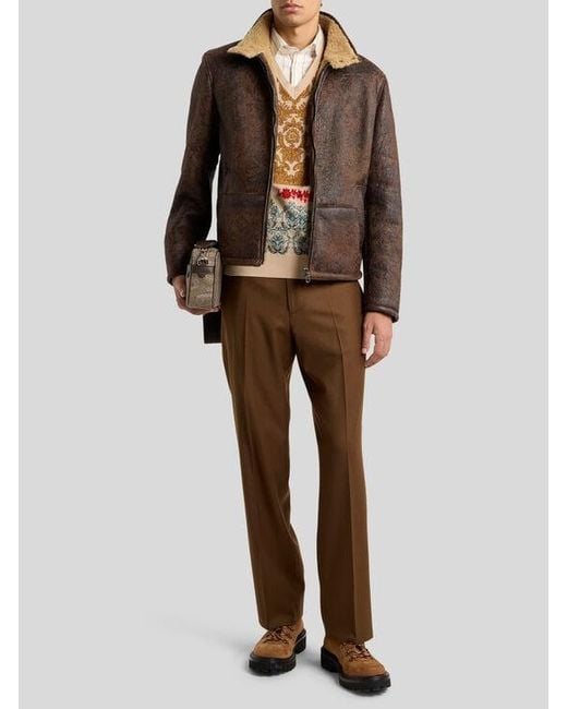 Etro Brown Shearling Jacket With Print for men