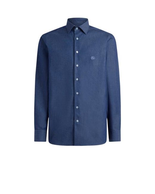 Etro Blue Chambray Shirt With Logo for men