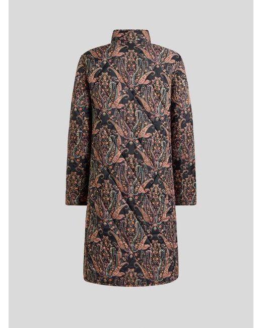 Etro Brown Quilted Coat With Floral Paisley Motif