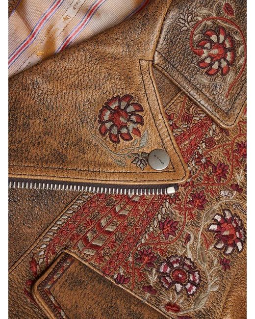 Etro Brown Leather Biker Jacket With Embroidery for men