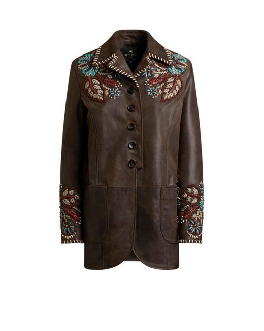 Etro Brown Leather Jacket With Threading