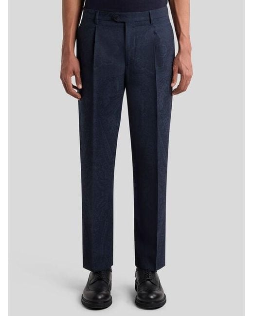 Etro Blue Printed Wool Trousers for men