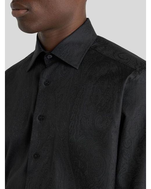 Etro Black Cotton Jacquard Shirt With Arnica Motif for men