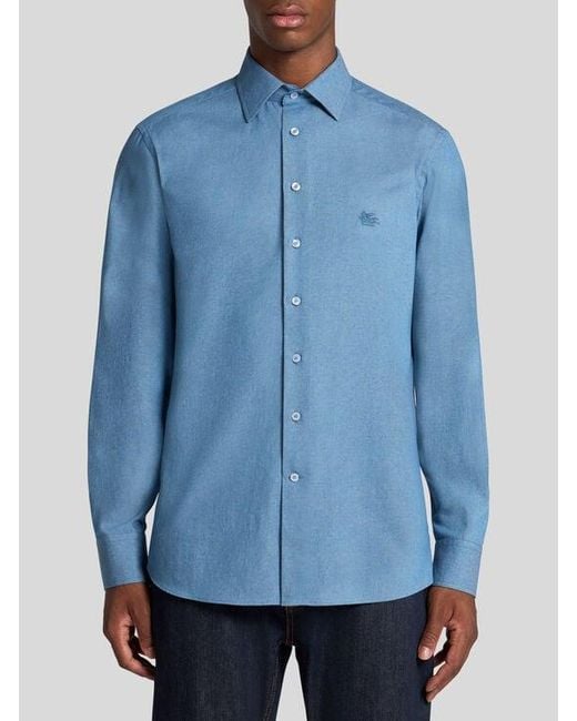 Etro Blue Cotton Shirt With Pegaso for men