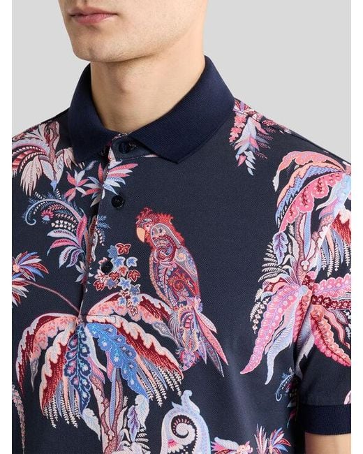 Etro Blue Cotton Pique Polo Shirt With Parrot And Palm Tree Motif for men