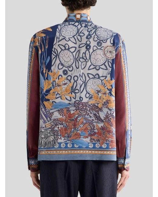 Etro Blue Silk Shirt With Placed Leopard Print for men