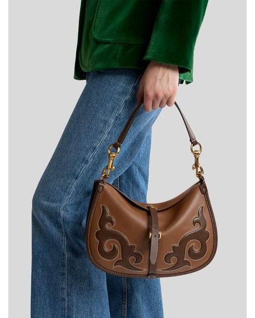Etro Brown Medium Leather Pony Bag With Texan Embroidery