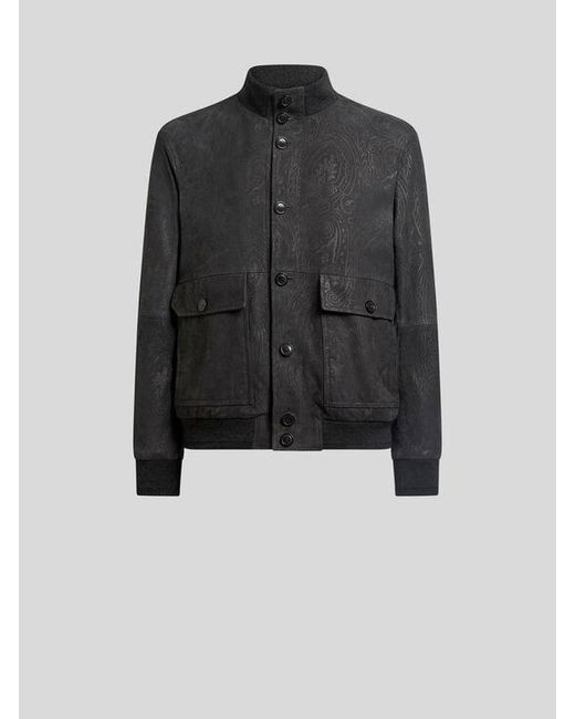 Etro Black Suede Bomber Jacket With Arnica Motif for men
