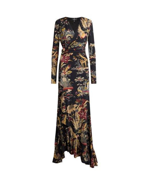 Etro Black Long Jersey Wrap Dress With Flower And Animal Motif
