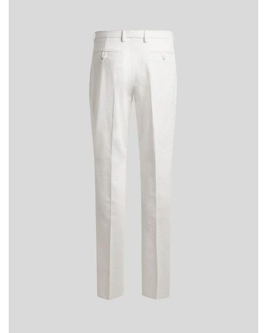 Etro White Stretch Cotton Jacquard Trousers With Floral Motif for men